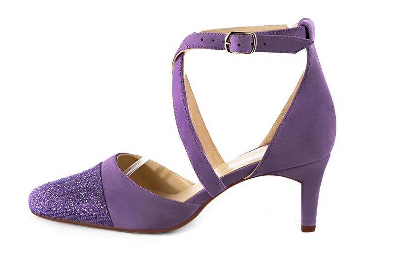 Amethyst purple women's open side shoes, with crossed straps. Round toe. Medium comma heels. Profile view - Florence KOOIJMAN